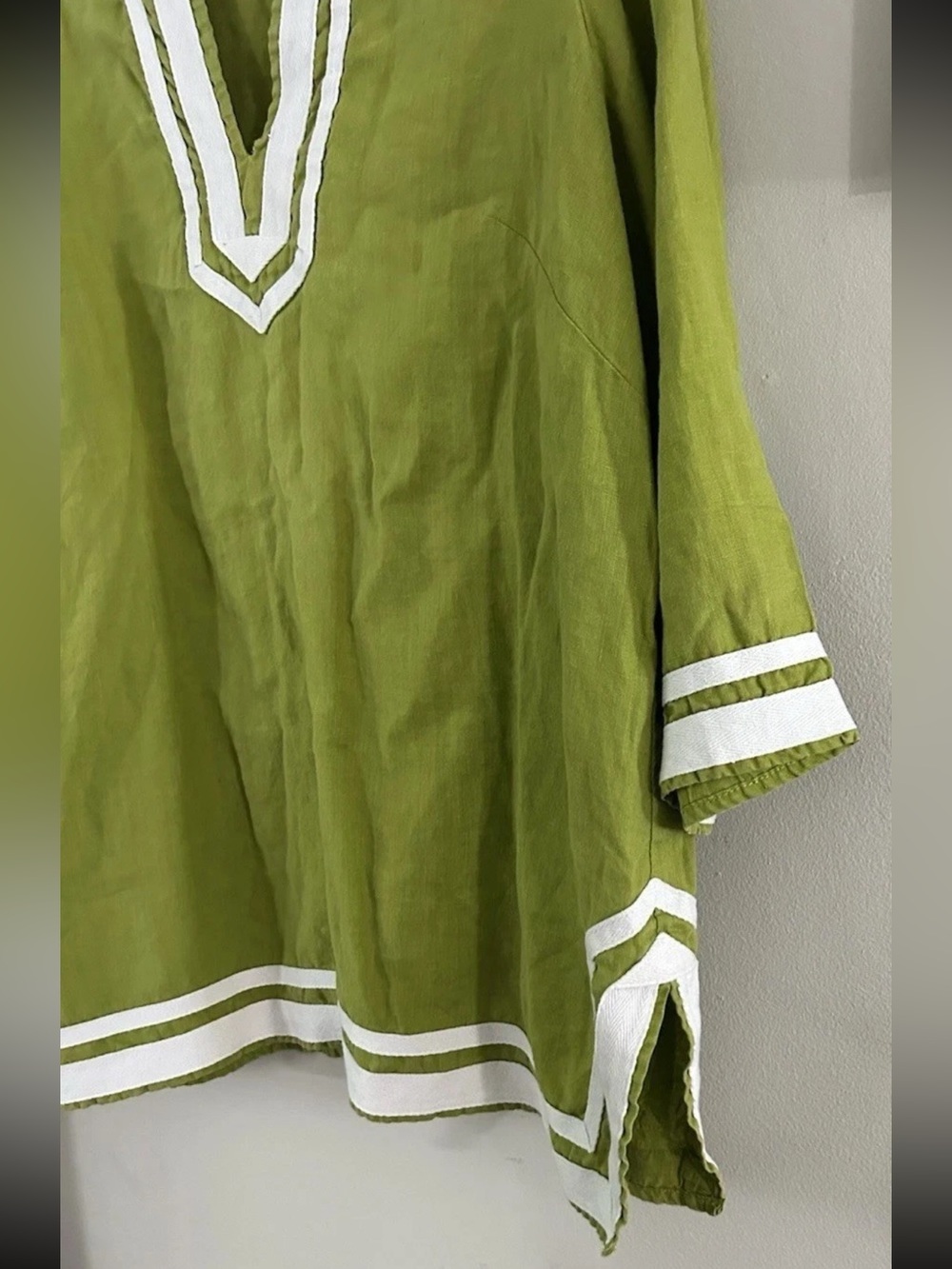 Alexandra Bartlett Top Tunic Blouse Popover 1X Green 100% Linen 3/4 Sleeve Split - Picture 7 of 8
